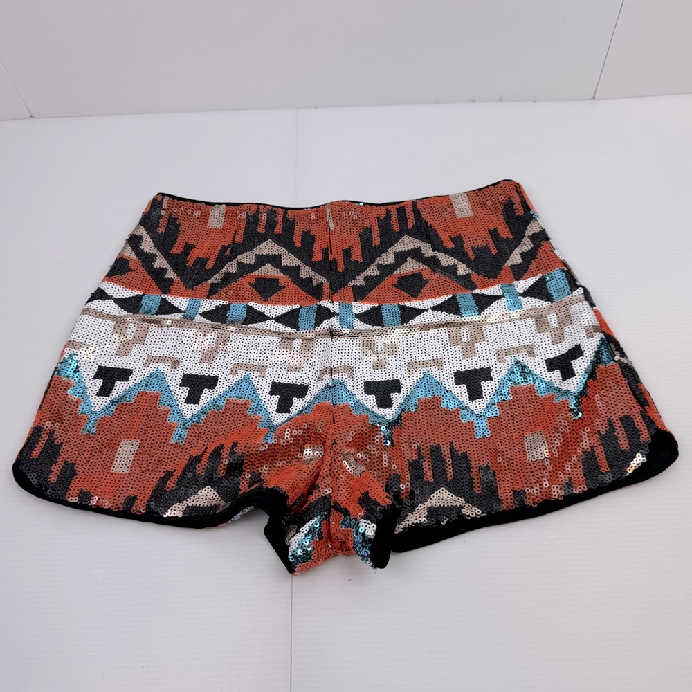 Jealous Tomato Sequins Short Women’s S Orange Black White Aztec Boho Hippie